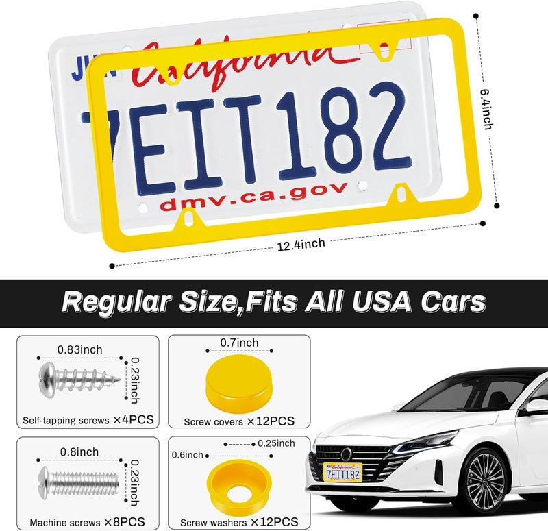 alpmosn 2PCS Stainless Steel License Plate Frames, 4 Holes Car Licence Plate Covers with Screws Washers and Caps, Car Exterior Accessories, License Plate Holder for US Vehicles (Yellow) - Image 2